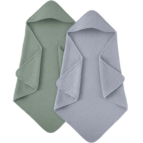 Susurration Hooded Baby Towels for Newborn 2 Pack 100% Muslin Cotton Towel for Babies,Highly Absorbent and Newborn Essential 30x30 Inch Gray&Green