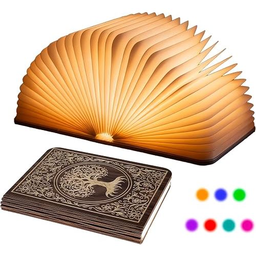 Tree of Life Book Lamp Book Lovers Gifts 7-color lights Bookshaped Small Night Light Foldable Paper Hardcover Cover USB Rechargeable (Brown life tree)