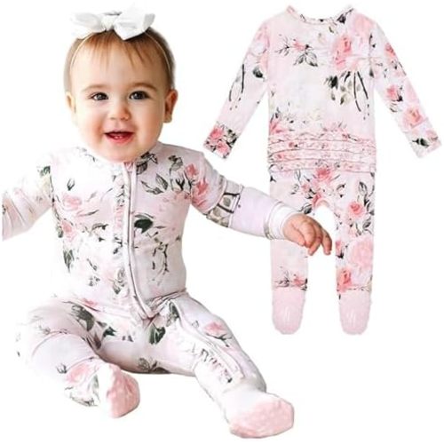 Posh Peanut Baby Girl Sleepers - Viscose from Bamboo Baby Pajamas & 2 Way Zipper Sleepers - Ruffled Baby Clothes for Girls