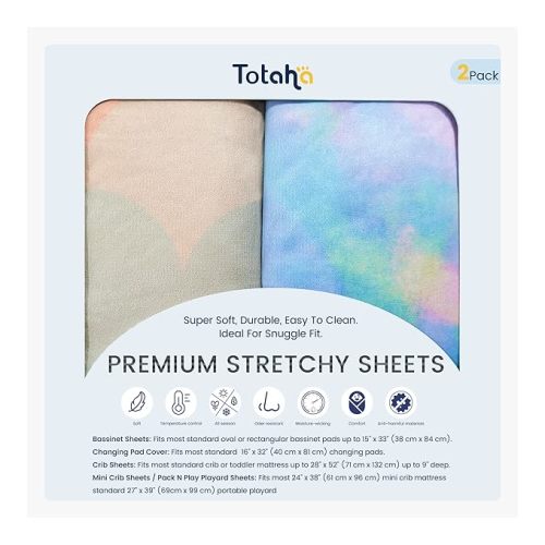 TotAha Premium Stretchy Pack N Play Playard Sheets | Mini Crib Sheets (2-Pack)-Hypoallergenic, Silky Comfort, AButtery Soft, Calming Effect, All-Season Jersey-Knit (Rainbow & Tie dye) - Rainbow & Tie Dye - Pack N Pack / Mini Crib Sheets