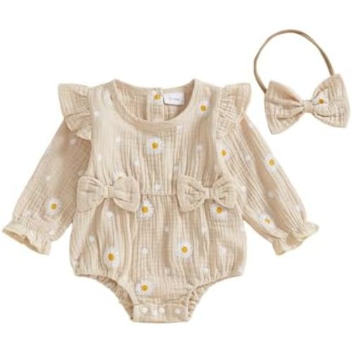 Kaipiclos Newborn Infant Baby Girl Clothes Rompers Fall Winter Jumpsuits Long Sleeve Daisy Print Romper with Headband