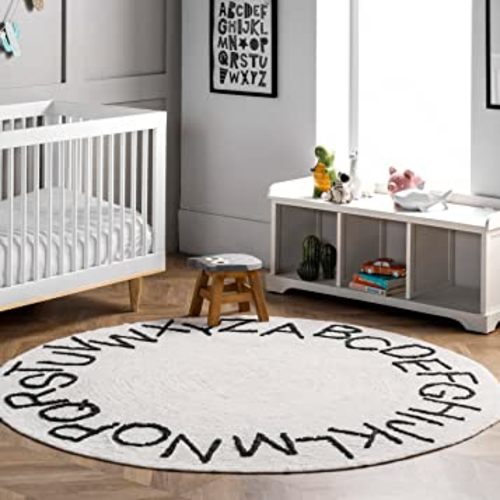 nuLOOM Kids Washable Round Alphabet Area Rug, 4' Round, Ivory