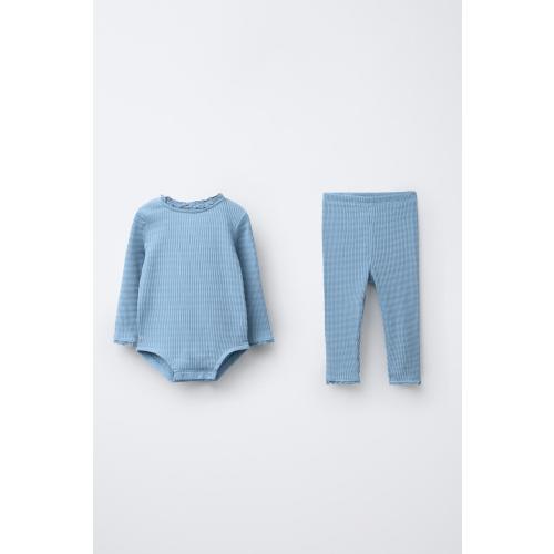 LACE TRIM BODYSUIT AND LEGGINGS SET - Mid-blue | ZARA United States