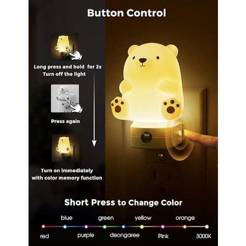 L LOHAS LED Night Light for Kids, 3D Cute Bear Night Light Plug in, Dusk to Dawn Nursery Night Lights, RGB+Soft White 3000K, 3 Lighting Modes, Christmas Birthday Gifts, Room Decor, Children