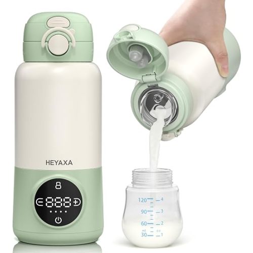 HEYAXA Portable Bottle Warmer for Travel, 15oz Capacity Baby Bottle Warmer with Fast Heating, 12000mAh Battery & Fast Charger, Pasteurization for Hygiene, Precise Temp Control, Leak-Proof
