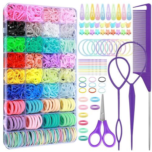 Hair Accessories for Girls, 1784 Pcs Elastic Ties Set 24 Color Rubber Bands With Organizer Box Cotton Baby Ties Styling Tool Set Clips Elastic Cutter Scissor