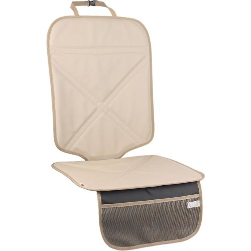 Car Seat Protector Leather Waterproof Child Safety Seat Protector Cover with Thick Pad and 2 Large Pockets Durable Kick Mat for All Auto Seat (Beige)
