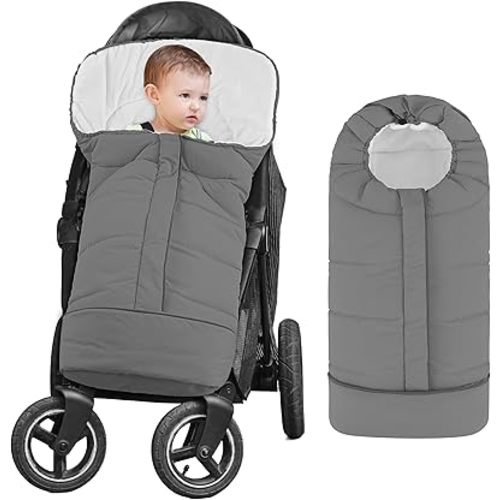 Yoofoss Stroller Cover for Winter, Toddler Stroller Footmuff Universal for Most Stroller, Water Resistant Warm Coral Baby Stroller Bunting Sleeping Bag Light Grey