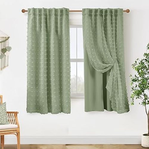 Back Tab Pom Pom Sage Green Curtains for Girls Room Bedroom Nursery Short Blackout Curtains Double Layer 63 Inch Length