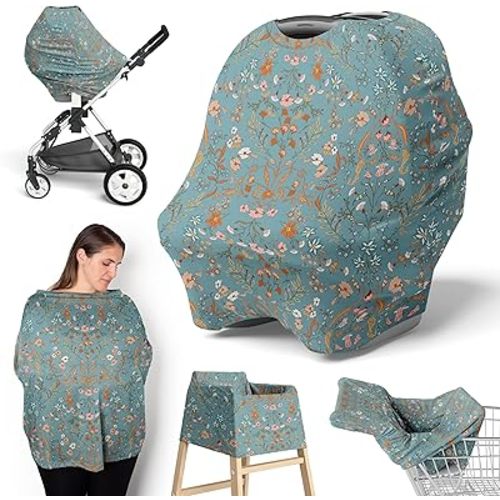 Sweet Jojo Designs Boho Wildflower Vintage Floral Girl Infant Baby Car Seat Cover Nursing Breastfeeding High Chair Shopping Cart Stroller Canopy Carrier Multipurpose Use Teal Blue Paisley Bohemian