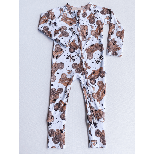 neutral monster trucks bamboo romper