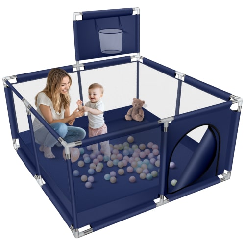Baby Playpen, HDJ 50 inch Baby Playard with Basketball Hoop, Baby Fence Infant Play Yard for Boy and Girls Gift, Blue