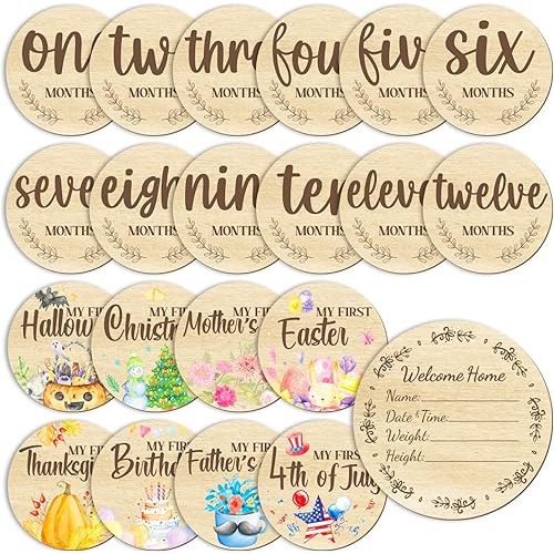 11PCS Baby Monthly Milestone for Photo Props, Wooden Double Sided Monthly Milestone Photo Cards for Baby Announcement Newborn Shower Gifts Party, First Holiday Milestones Signs Wooden Discs