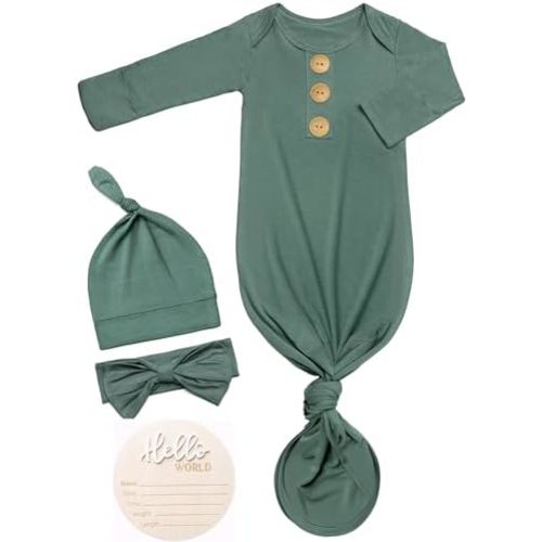 Soft Baby Knot Gown 0-3 Months, Newborn Announcement Sleepers With Mitten Cuffs and Personalized Wooden Name Tag