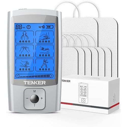 TENKER TENS EMS Unit Muscle Stimulator, 24 Modes TENS Machine for Pain Relief & Muscle Strength Rechargeable Electronic Pulse Massager with 2"x2" and 2"x4" TENS Unit Electrode Pads Sliver