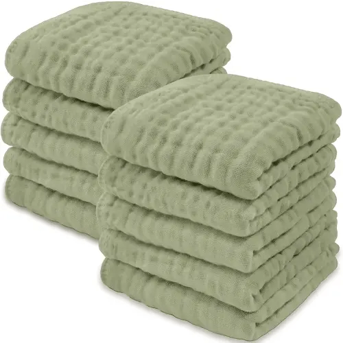 Baby Washcloths, Muslin Cotton Baby Towels, Large 10”x10” Wash Cloths Soft on Sensitive Skin, Absorbent for Boys & Girls, Newborn Baby & Toddlers Bibs & Burp Cloths Essentials Set (Sage, Pack of 10)