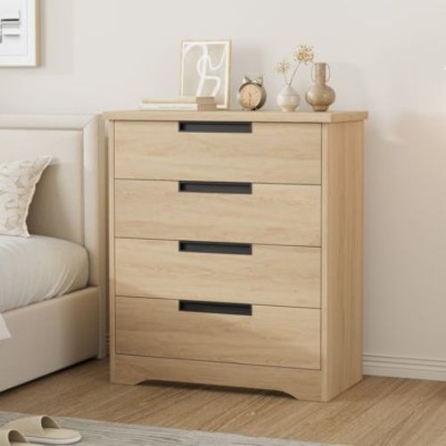 4 Drawer Dresser For Bedroom, Natural Dresser Chest Of Drawers With Embedded Handles Design, Wooden Dresser Organizer For Living Room Nursery Hallway