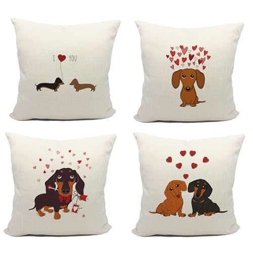 Mancheng-zi Dachshund Pillow Covers 18x18 Set of 4, Black and Tan Valentine Throw Pillow Covers, Decor Gifts for Women Men