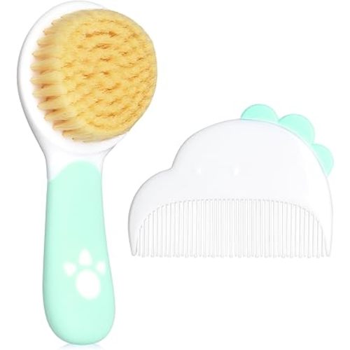 Baby Hair Brush and Comb Set, Soft Bristles Cradle Cap Brush for Newborns, Toddlers, Baby Registry Gift (Green)
