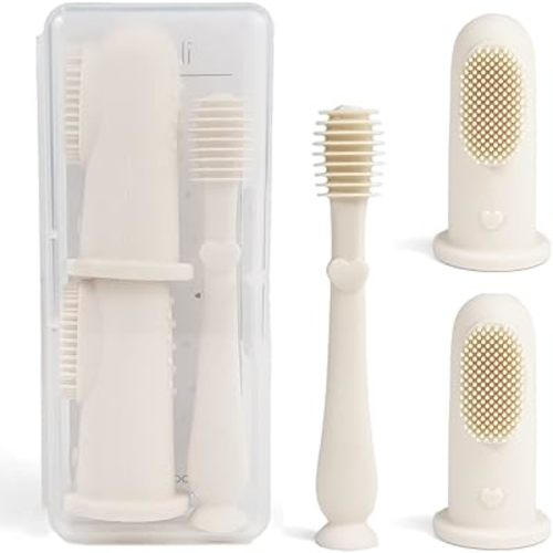 Ali+Oli Oral Care Set for Baby (Ivory) Includes Dual-Sided Baby Finger Toothbrush x 2, Tongue Scraper for Baby, Protective Case, BPA, Phthalate, and PVC Free, Food-Grade Baby Care Products for Infants