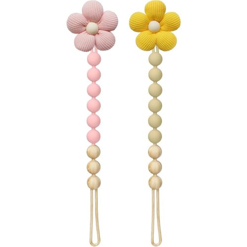 2Pcs Flower Pacifier Clip, 100% Food-Grade Silicone Pacifier Clip with Soft Fabric Daisy, Secure One-Piece Design, Easy to Clean, Baby Shower Gift for Girls Boys