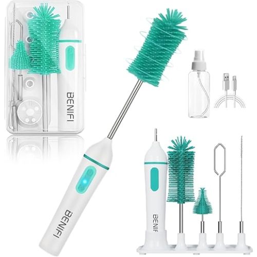 Travelling Electric Bottle Brush Cleaner, Baby Bottle Brush Set, Fully Water -Proof Bottle Brush, Long Handle Brush, BPA Free Silicon Brush Heads, Drying Stand, Milk Mixer, Egg Whisk Included