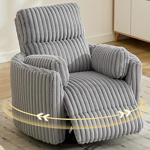Power Swivel Glider Rocking Recliner Nursery Chair with 2 Pillows, Electric Rocker Reclining Chairs with Type-C & USB Charger Port for Living Room, High Back Barrel Armchair for Bedroom,Corduroy, Grey