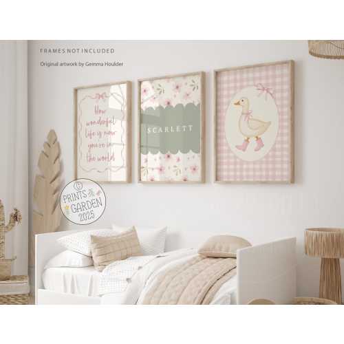 Duck nursery print, Set of 3 prints, Pink nursery decor, Floral nursery art, quote print, Girl bedroom art, Vintage style nursery, Goose art