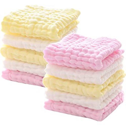 MUKIN Baby Washcloths - Natural Cotton Baby Wipes - Soft Newborn Baby Face Towel for Sensitive Skin- Baby Registry as Shower, 10 Pack 12x12 inches (Pink,Yellow,White)