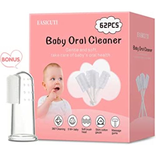 62PCS Baby Tongue Cleaner, Baby Oral Cleaner Newborn Baby Toothbrush,Disposable Infant Toothbrush Clean Baby Mouth,Gauze Gum Cleaner Stick Dental Care for 0-36 Month Baby+1 Finger Toothbrush with Case