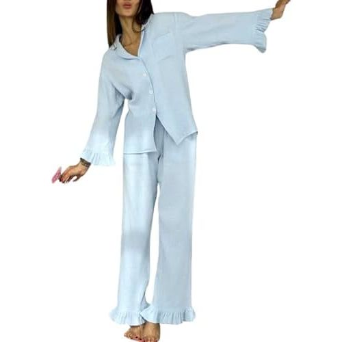 Womens Muslin Pajama Set Cotton Gauze Loungewear 3 Piece Long Sleeve Button Down Sleepwear Ruffle Pj Set