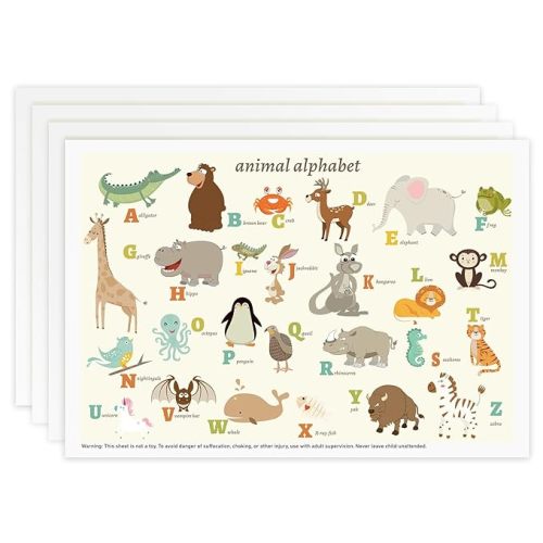 Babebay Disposable Stick-on Placemats 60 Pack for Baby & Kids & Toddler, Sticky Placemats Restaurant Table Mats 12" x 18" (Animal Alphabet) - Animal Alphabet Theme - 12x18 Inch (Pack of 60)