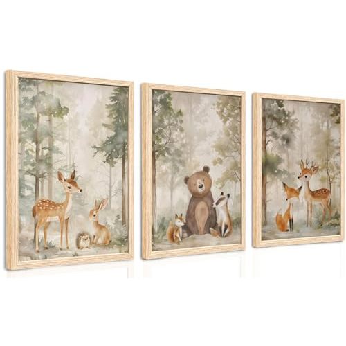 ICHZUMW Woodland Nursery Decor Wall Art Set of 3, Cute Forest Friend Animal Canvas Prints Bear Fox Deer Pictures, Nature Watercolor Paintings, Baby Room Kids Bedroom Playroom, Neutral Artwork 12x16in