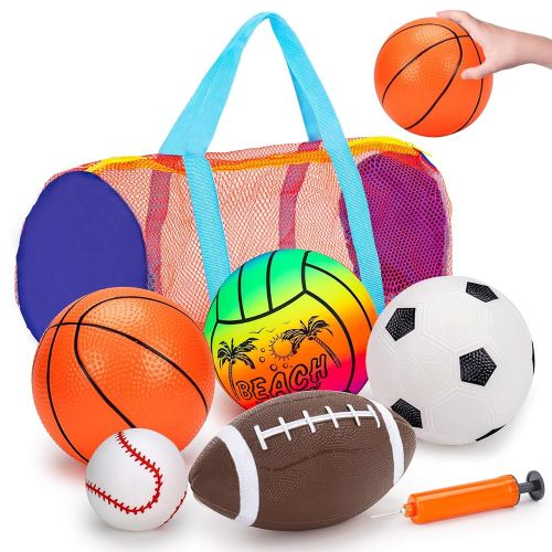5 Pack Sports Balls Set for Kids with Bag Balls for Toddlers 1-3 Football Soccer Basketball Baseball Volleyball Outdoor Toys Sport Bouncy Playground Kickball Hand Pump Outside Toddler 1-3 2-4 3-5 Gift