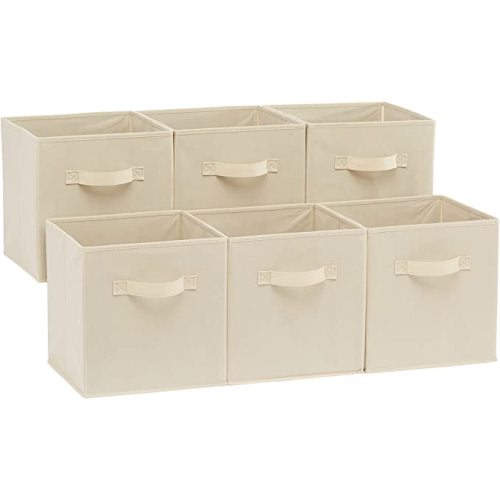Amazon Basics Cube Organizer Storage Bins Handles, Collapsible Fabric, Pack of 6, 10.5"x10.5"x11", Beige