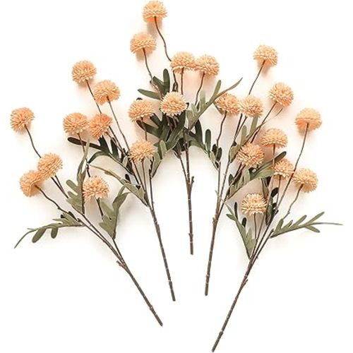 Floroom 5pcs Faux Silk Pompon Mum Artificial Flowers, Bulk Fake Mini Chrysanthemums with Stems for DIY Bouquet Centerpieces Wedding Fillers Arrangements Shower Decorations, Apricot Peach