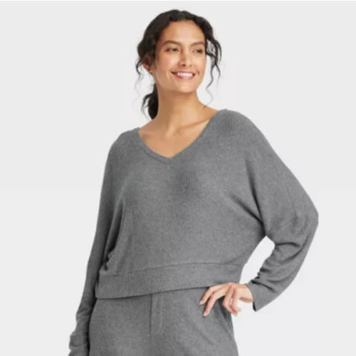 Women's Cozy Ribbed Pullover - Auden™ Blue S: Relaxed Fit, V Neck, Dolman Long Sleeve, Midweight, Machine Washable