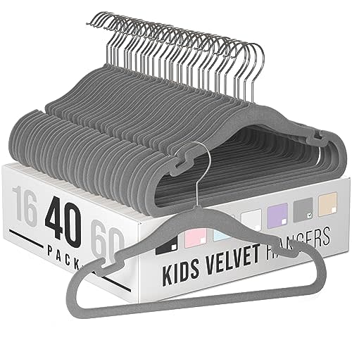 Velvet Baby Hangers for Clothes - Heavy Duty Non Slip Velvet Kids Hangers Or Toddler Hangers for Closet | Ultra Thin Design Kid Hangers for Space Saving - Ganchos De Ropa para Bebe (40 Pack Grey)