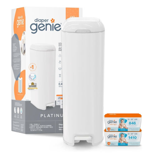Diaper Genie Platinum Pail Gift Set, Lily White, Made of Durable Stainless Steel and Includes 2 Easy Roll Refills with 18 Bags and 30 Bags