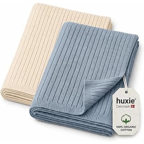Knitted Organic Cotton Baby Blanket- Swaddle Blanket, 30" x 40" Soft Ribbed Blanket for Newborn 2-Pack (Ivory & Baby Blue)