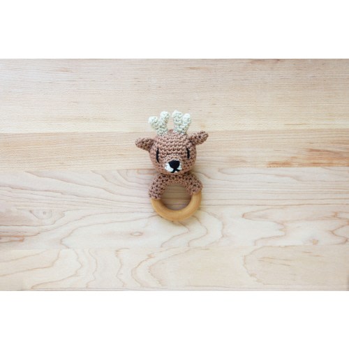 Crochet Deer Buck Rattle Wooden Teether – baby toy, handmade to order