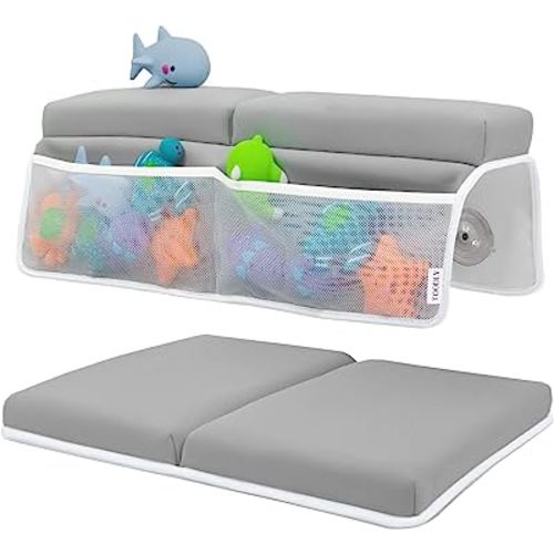 Comfortable Baby Bath Kneeler and Elbow Rest Pad Set - Thickest Bathtub Kneeler Pad with Memory Foam and Bath Toys Organizer - Bath Kneeling Pad for Bathing Baby - Relieve your Knees and Elbows (Grey)