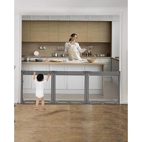 Dearlomum Extra Wide Baby Gate Playpen with Heat-Resistant Mesh,3 Panel Foldable Baby Fence,Indoor/Outdoor Safety Barrier,Dog Playpen &Fireplace Baby Gate,Grey