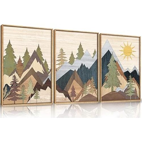 Ausril Mountain Pine Tree Framed Canvas Wall Art Set, Nature Wilderness Illustration Wall Decor, Woodcut Forest Wall Painting, Mid Century Modern Art Print for Living Room Bedroom Office 16"x24"x3