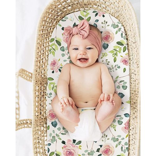 GRSSDER Stretchy Ultra Soft Baby Fitted Bassinet Sheet Set 2 Pack, Universal Cradle Sheet Set for Rectangle, Oval, or Hourglass Bassinet Pad/Mattress,Pink Rose Bassinet Sheets for Girls - Pink1