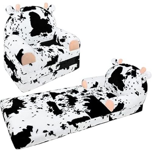 Toddler Chair Plush with Removable Cover, Kids Sofa Bed to Lounger, Comfy Kids Couch for Kids Over 18 Months, Toddler Recliners for Kids（Milk Cow）
