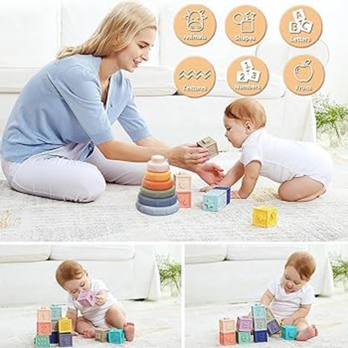 Amazon.com: Montessori Toys Soft Stacking Building Blocks Rings Balls Sets 3 in 1 Baby Toys Bundle for Babies 6-12 Months Sensory Toys for Toddlers 1-3 Teething Bath Toys for Infants Learning Toy : Toys & Games