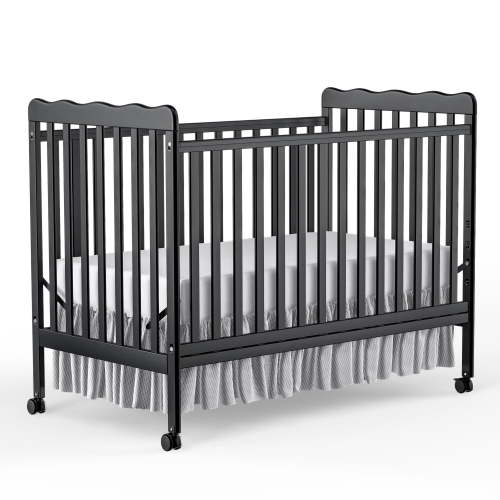 Baby Convertible Crib 3 In 1, Converts from Baby Crib to Toddler Bed, New Zealand Pinewood Baby Bed with Locking Wheels and Teething Rail, Crib with 4 Height Adjustment and Non Toxic Finish, Black