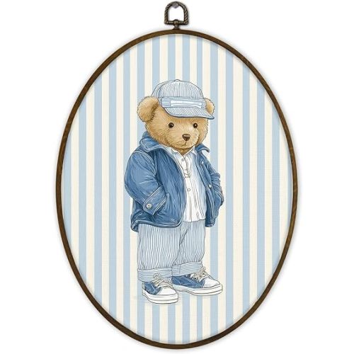 Gnmduw Vintage Preppy Bear Oval Wall Art Framed, Boys Bear Nursery Canvas Prints Hanging Decor for Boys, Blue Striped Bear Wall Decor for Nursery Boys Room Bathroom Living Room, 8.7x11.3 Inch