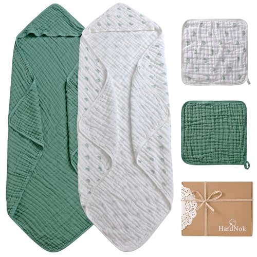 HardNok Baby Bath Towels Muslin 4 Pack, Premium Muslin 6 Layers Natural Cotton Baby Bath Towels, Soft and Comfortable for Boys,Girls (Boho Rainbow Green) (32 x 32)